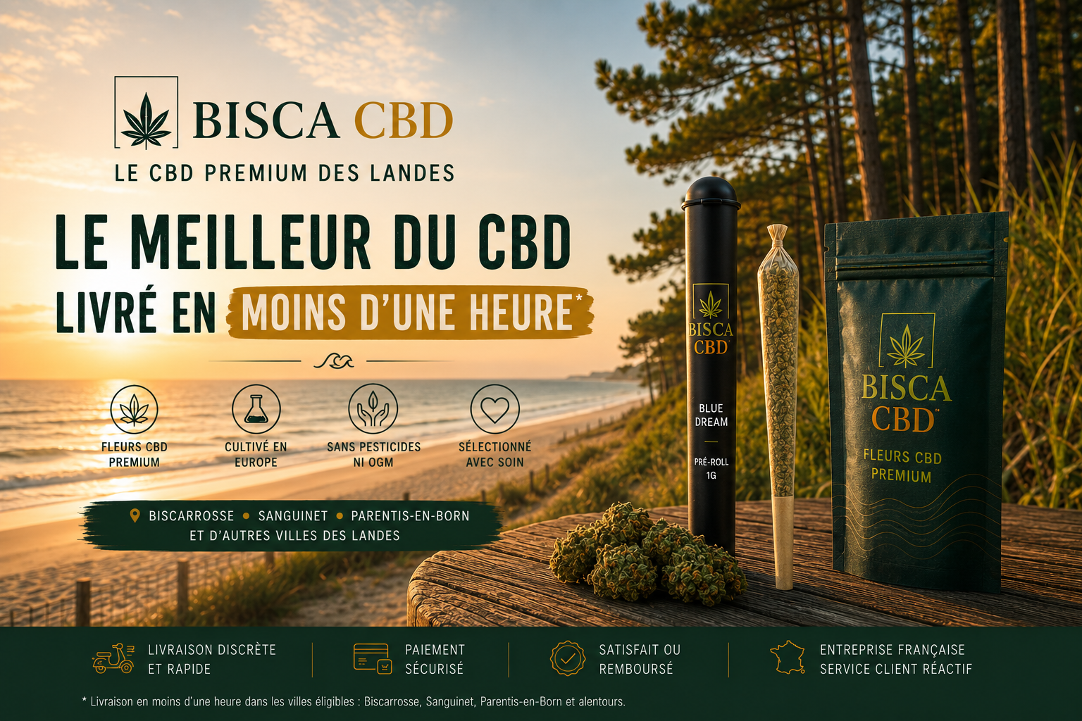 ISCA CBD, boutique de CBD premium à Biscarrosse avec fleurs CBD, pré-roll Blue Dream et livraison rapide en moins d'une heure dans les Landes.