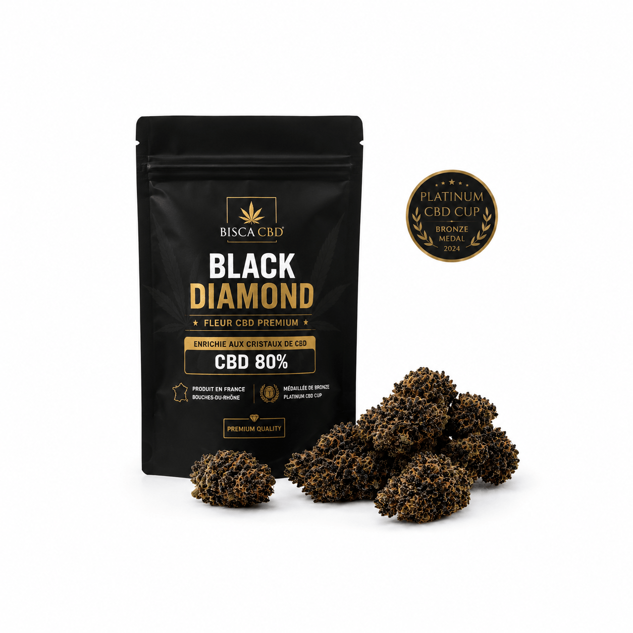 Pack Black Diamond CBD premium fabriqué en France avec fleurs enrichies aux cristaux de CBD et distinction Platinum CBD Cup