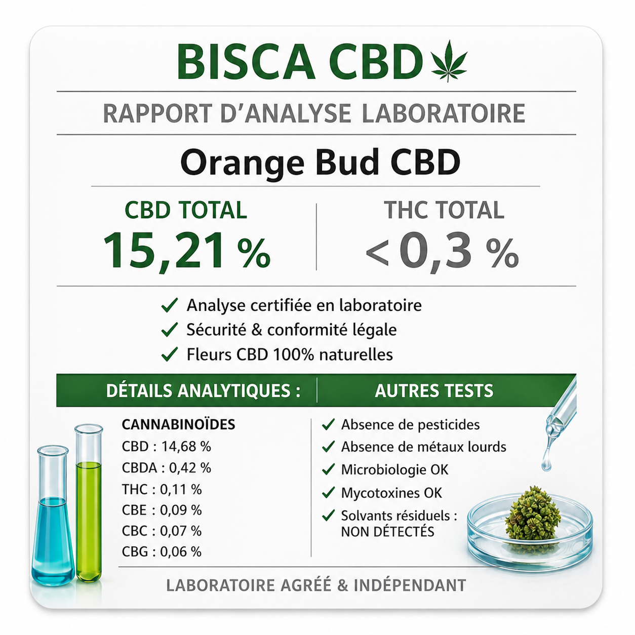 Rapport d’analyse laboratoire de la fleur CBD Orange Bud premium greenhouse avec CBD total et THC inférieur à 0,3% - BISCA CBD