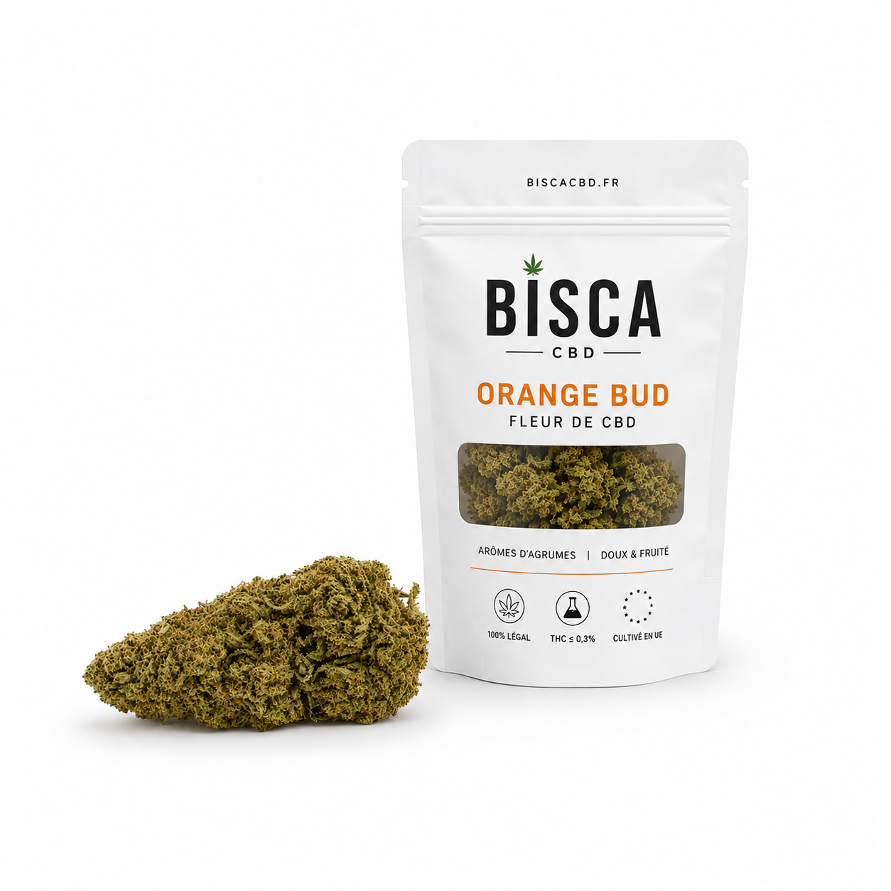 Sachet BISCA CBD Orange Bud avec fleur CBD premium greenhouse aux arômes d’agrumes et THC inférieur à 0,3%