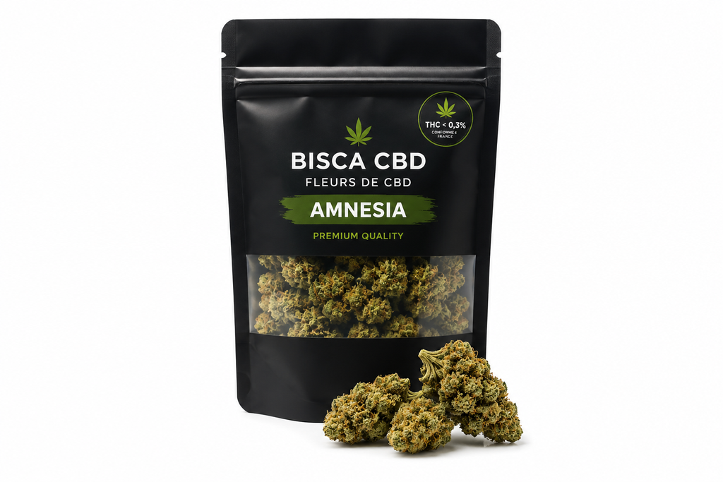 Sachet Amnesia CBD premium BISCA CBD avec fleurs CBD greenhouse résineuses sur fond blanc – livraison rapide France et Biscarrosse