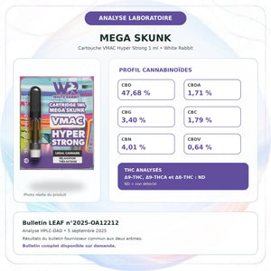 Analyse laboratoire LEAF VMAC Mega Skunk : CBD 47,68 %, THC non détecté – BISCA CBD