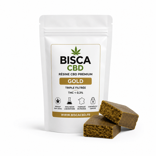 Sachet Gold Résine CBD Triple Filtrée Premium BISCA CBD avec résine brun doré, riche en terpènes naturels, THC inférieur à 0,3 %.