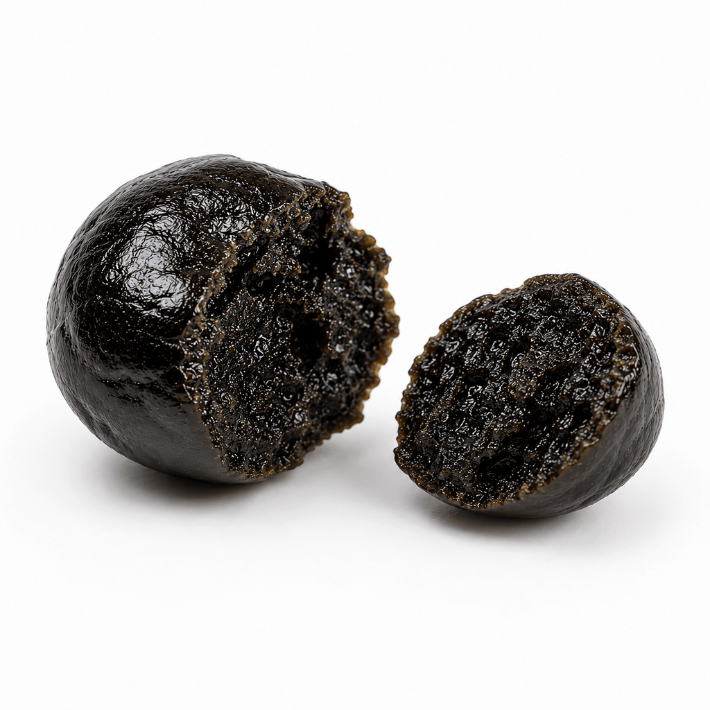 Macro de la résine CBD Olive Premium BISCA CBD montrant sa texture noire, brillante, souple et riche en terpènes naturels.