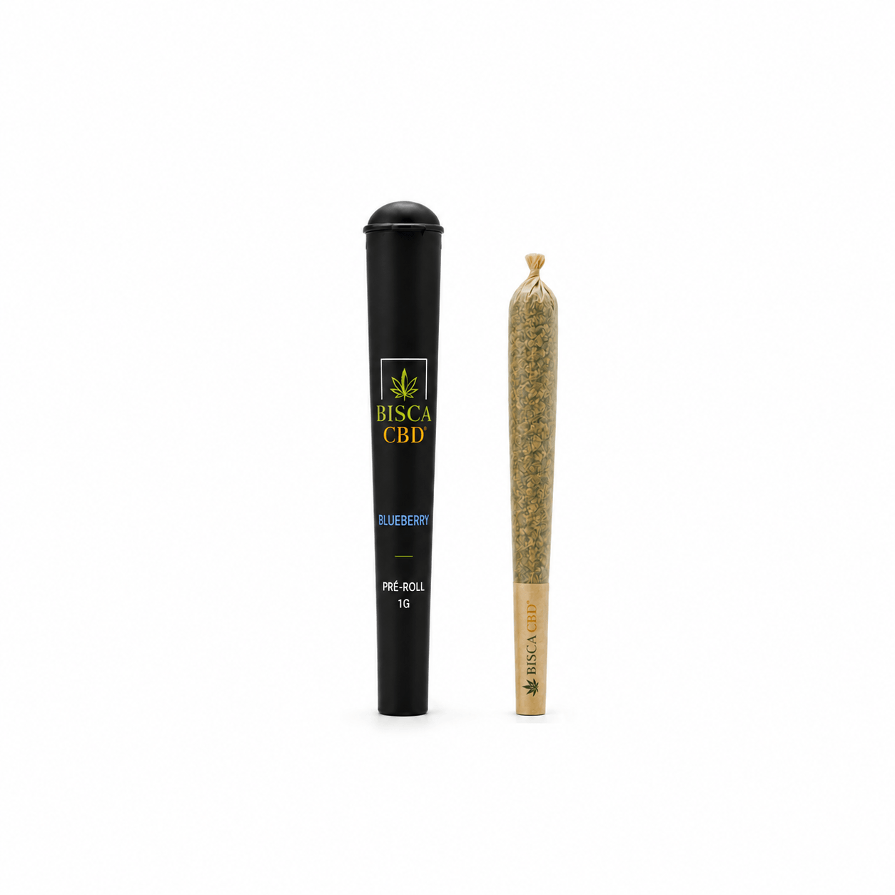 Pré-Roll Blueberry CBD 1g BISCA CBD avec tube de protection noir, fleurs CBD Hydro Premium et livraison rapide en France.