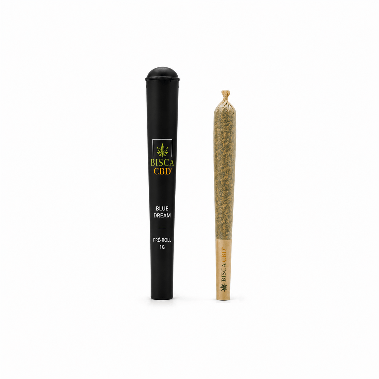 Pré-Roll Blue Dream CBD 1g BISCA CBD avec tube de protection noir, fleurs CBD Indoor Premium et livraison rapide partout en France.